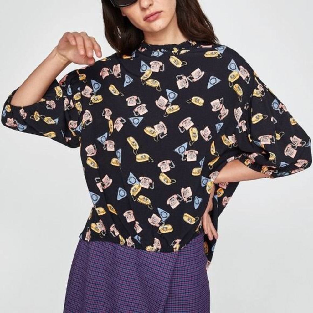 Zara Black Telephone Print Novelty Blouse